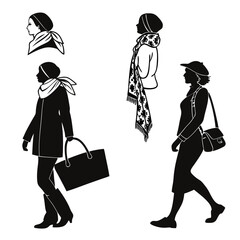Women silhouettes walking with scarves and bags scarf