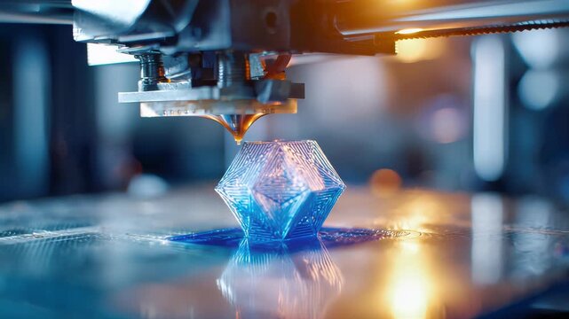 Close-up of a 3D printer creating a complex geometric blue object with precision and detail