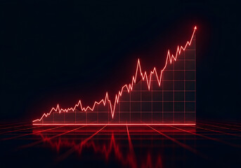 Red line graph showing upward trend on a grid with reflections representing growth and market success