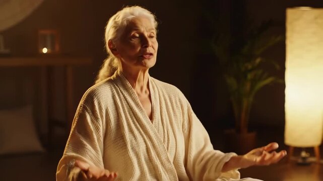 Happy senior woman in bathrobe practices Tai Chi with focus and relaxation indoors.