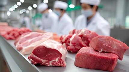 Meat processing workers preparing cuts of pork and beef in a clean facility during the day
