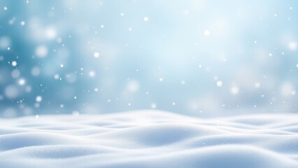 Peaceful snowy winter landscape with soft snow mounds falling snowflakes and dreamy blue white gradient sky background