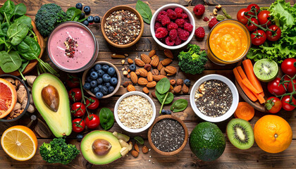 Top View of Healthy Food Arrangement: Fruits, Vegetables, and Superfoods