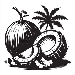 fresh coconut ruit vector silhouette, vector black color silhouette, isolated white background