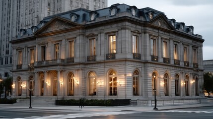 Obraz premium Elegant historic building illuminated at dusk in a bustling city with modern architecture and a lively street atmosphere