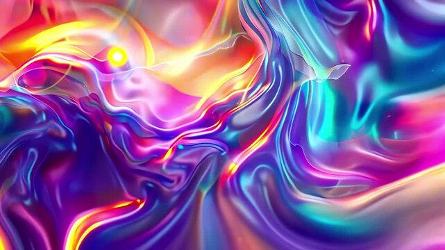 Vivid swirling iridescent waves of colorful liquid-like material with neon lighting and fluid textures. Concept of futuristic abstraction and visual intensity