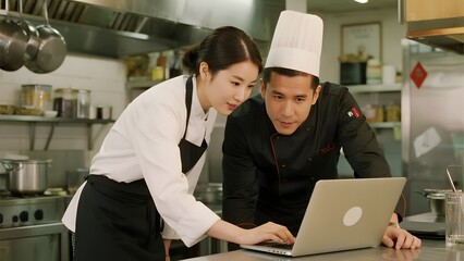 Chef and assistant reviewing recipes on a laptop in a professional kitchen