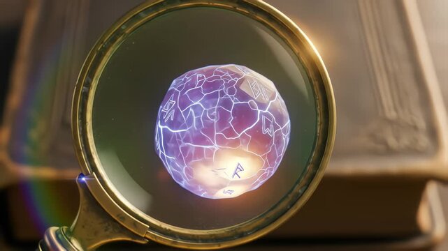 A magnifying glass reveals a glowing magical rune stone pulsing with energy and light, resting on an ancient book