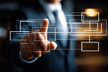 Businessman in suit points to floating digital interface, futuristic concept, with bokeh background, technology metaphor