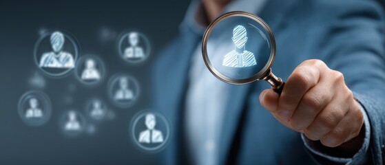 Person holding magnifying glass to illuminated avatar icons on a dark, blueish-gray background