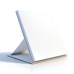 A blank, white, square object with a thin stand sits diagonally on a glossy surface, casting a subtle shadow
