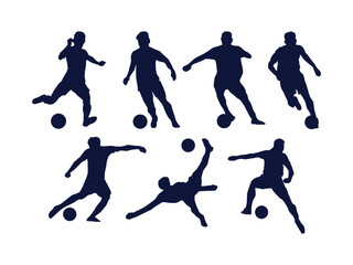 Set of football player silhouettes in various actions such as kicking, dribbling, passing, and bicycle kick. Vector illustration of soccer athletes in dynamic poses, perfect for sports design, posters