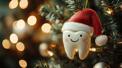 White smiling tooth wearing santa hat is hanging on christmas tree with bokeh effect in the background, conveying a concept of dental christmas or winter holidays, Copy space