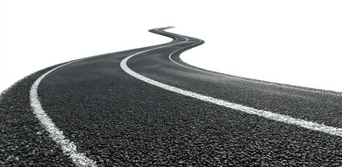 Curving asphalt road with a dashed white line marker disappearing into the distance against a bright, white background