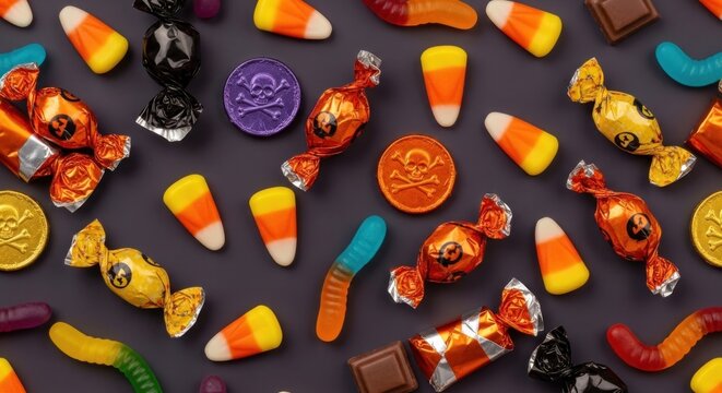 Assorted wrapped candies, chocolate bars, and candy corn are scattered on a dark grey surface, with some candies bearing a skull design