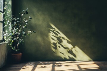 Olive green wall with natural shadow play and reclaimed wood floor.
