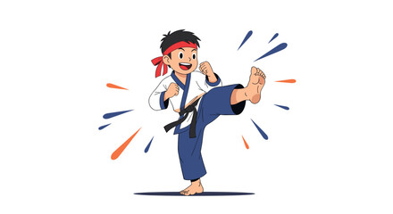 Fototapeta premium Energetic young boy demonstrates powerful martial arts karate kick with determination and focus during training session