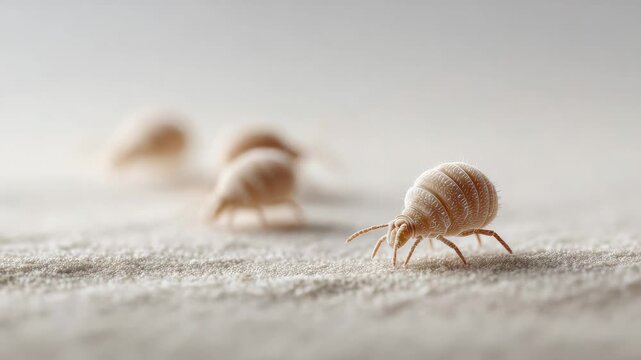 Grain mites crawling across white surface, revealing microscopic movement and potential agricultural pest behavior in detailed close up view