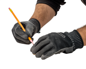 A close-up of a man's hands wearing black gloves, holding a yellow pencil. The background is transparent, emphasizing the isolated subject.
