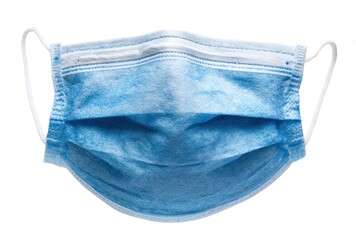 Blue surgical face mask with white elastic ear loops against a plain white background, centrally framed
