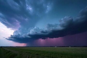Dramatic dark clouds building over a landscape, imminent thunderstorm with loud thunder rumbling in the distance The sky is filled with ominous grey and purple hues , thunder, cumulonimbus