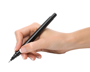 A female hand holding a black pen, poised to write. The background is transparent, emphasizing the hand and pen.