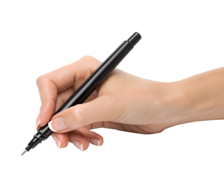 A female hand holding a black pen, poised to write. The background is transparent, emphasizing the hand and pen.