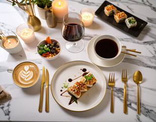 Elegant Dinner for Two with Modern Sushi and Wine on a Marble Table
