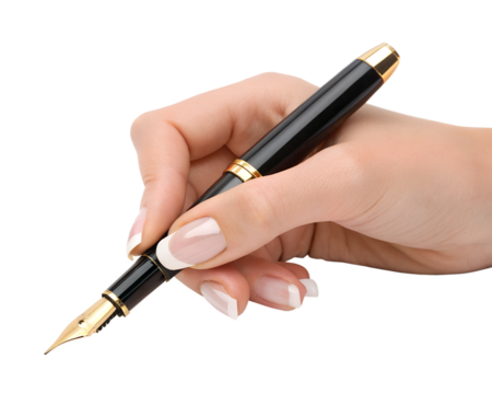 A close-up of a female hand holding a black fountain pen with a gold trim. The background is transparent, emphasizing the pen and hand.
