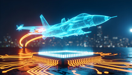 Holographic fighter jet projection in neon blue wireframe above glowing orange electronic circuit with computer chip and futuristic night city lights background in advanced digital sci fi composition
