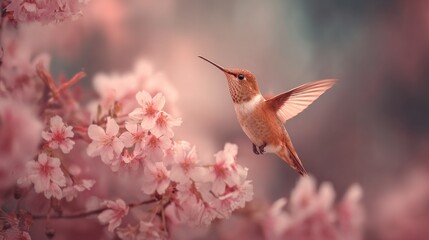 Fototapeta premium A hummingbird hovers near pink blossoms, wings slightly spread, in a soft, gentle pastel-toned garden scene