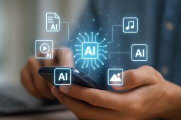 Fototapeta premium Hands Holding Smartphone with Futuristic Holographic App Icons and Glowing Blue Digital Interface in Modern Workspace