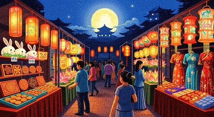 Vibrant night market scene with lanterns, food, and people under a full moon