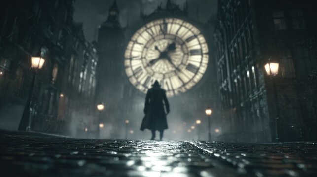 Eerie cityscape with a lone figure facing a large clock tower under a foreboding, smoky sky