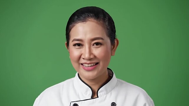 Smiling Chef's Portrait: A portrait of a radiant chef wearing a crisp uniform, her expression exudes confidence and culinary expertise, perfect for food and cooking concepts.