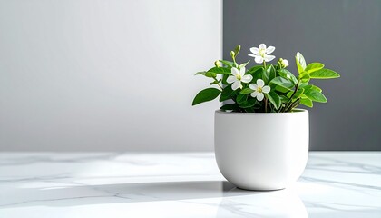 White Jasmine Plant in White Pot by Sunlit Window