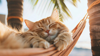 Cat relaxing on hammock during tropical vacation by sea, surrounded by palm trees and warm sunlight, creating peaceful and serene atmosphere