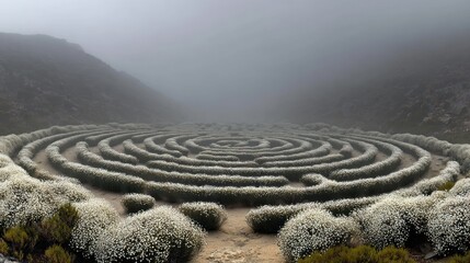 Obraz premium Circular maze formed by overgrown bushes in misty valley against a mountain backdrop; moody and mysterious scene