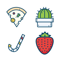 Sophisticated Pizza Slice Candy Cane Strawberry And Cactus Cute Food Vector Icons Symbol Element