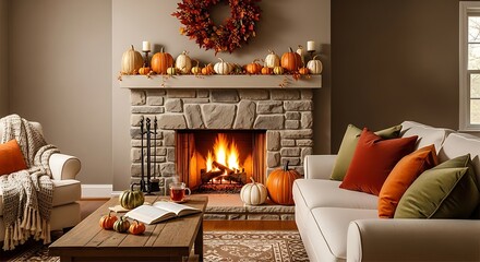 Fototapeta premium Decorated Pumpkins and Fireplace in Autumn Living Room Interior