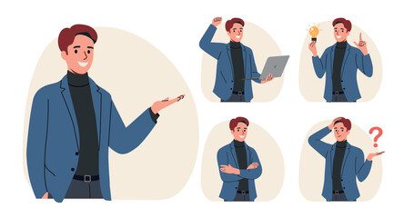 Business man.Set Different poses.Vector flat style cartoon illustration