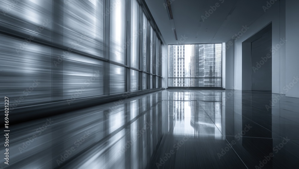 Poster empty modern office space with expansive windows showcasing a city view, featuring a polished floor 