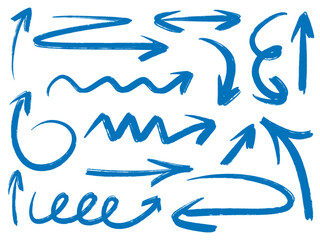 Fototapeta premium Set of hand drawn grunge arrows and pointers. Direction, movement, emphasis indicator. Sketch texture icons of straight, multidirectional, rounded and other arrows, vector elements