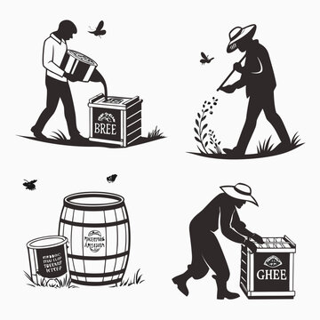 Beekeeper harvesting honey and processing ghee bees hive