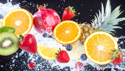 Colorful Mix of Fresh Fruits and Berries with a Water Splash
