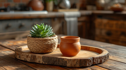 Rustic Kitchen Still Life: Succulent in Jute Pot, Earthenware Cup, Wooden Tray