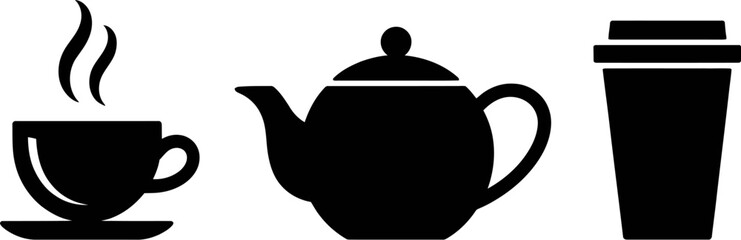 Obraz premium Hot beverage icons: cup with steam, teapot, and takeaway cup