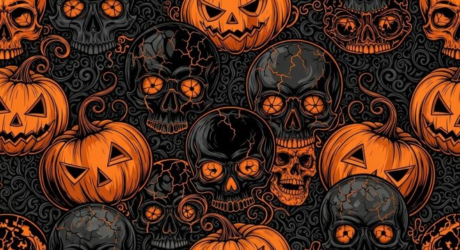 Symmetrical pattern with grinning pumpkins and skulls, orange eyes, and black background