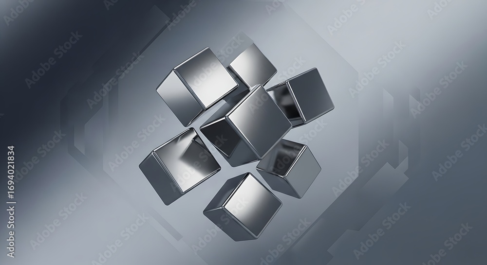 Poster abstract arrangement of metallic cubes in a geometric composition, creating a modern and industrial 