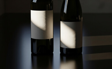 Luxury Wine Bottle Set Mockup On Dark Reflective Surface With Dramatic Lighting Highlighting Labels And Glass Reflections (Item1)